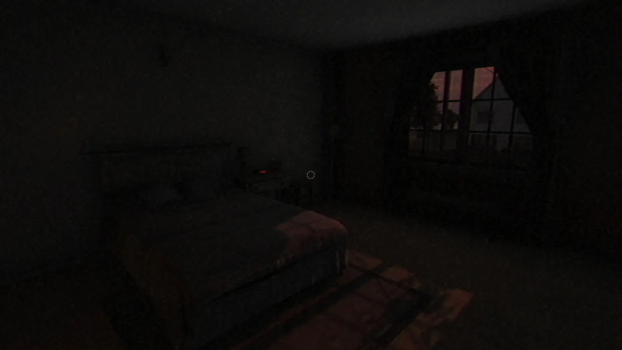 Fears to Fathom - Home Alone screenshot: a dark bedroom with a curtained window looking out at a house across the street