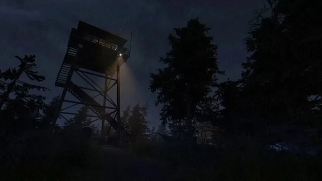 A fire lookout tower on tall stilts among pine trees at night, a single lamp shining from the deck