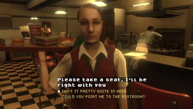 A waitress in a roadside diner with a checkered floor tells Jack to take a seat, with reply options below