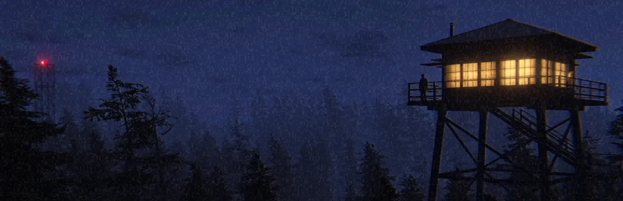 Fears to Fathom - Ironbark Lookout art: a fire lookout tower with lit windows above a dark pine forest at night
