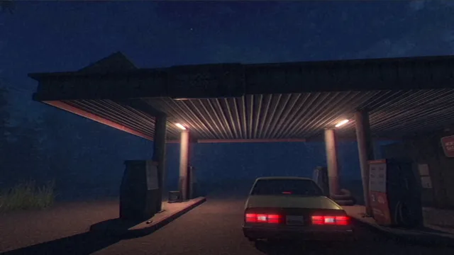 A lone gas station canopy lit at night with Holly's car parked under it