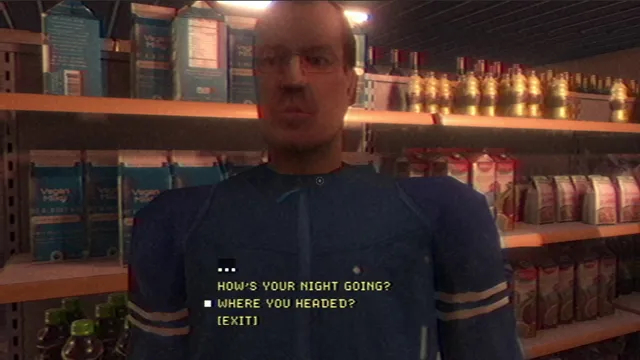 A gas station clerk in glasses behind the counter, with dialogue choices 'How's your night going?' and 'Where you headed?'