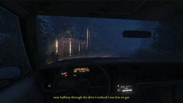 View from the driver's seat on a dark forest road at night, with the subtitle 'near halfway through the drive I realized I was low on gas'