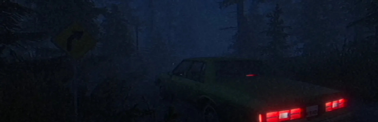 Fears to Fathom - Norwood Hitchhike artwork: a car with red tail lights parked on a dark forest road at night