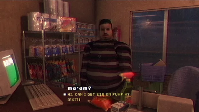 A shop clerk in a striped sweater in a cluttered store at night, with the line 'Hi, can I get $10 on pump 4?'