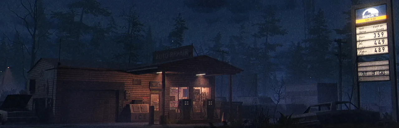 A lonely wooden gas station at night among dark pine trees, its tall price sign lit beside the road