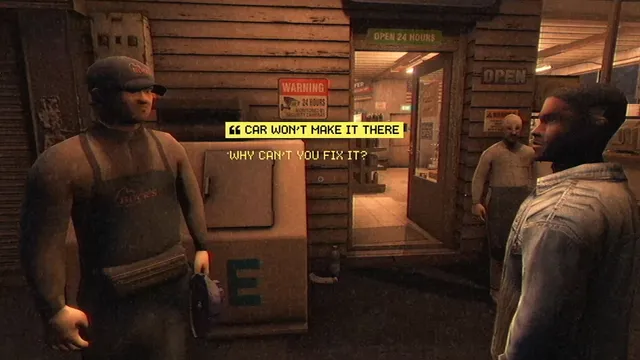 Marcus talks to a gas station worker in a cap who says the car will not make it there