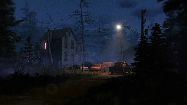 A tall wooden house at night with one lit window and old cars parked under a streetlight
