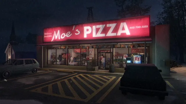 Moe's Pizza at night, its red sign glowing over a snowy parking lot
