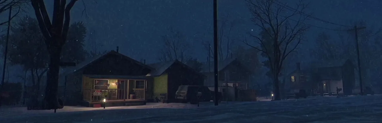 A snowy small-town street at night with lit wooden houses and bare trees