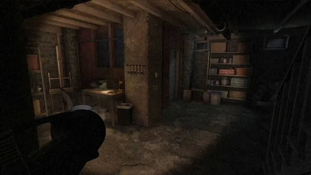 A dark basement with shelves and a workbench, lit by a flashlight
