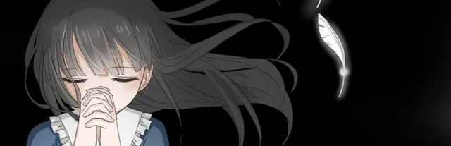 Feather Of Praying art: a black-haired girl in a blue and white dress with closed eyes and hands clasped in prayer, white feathers drifting