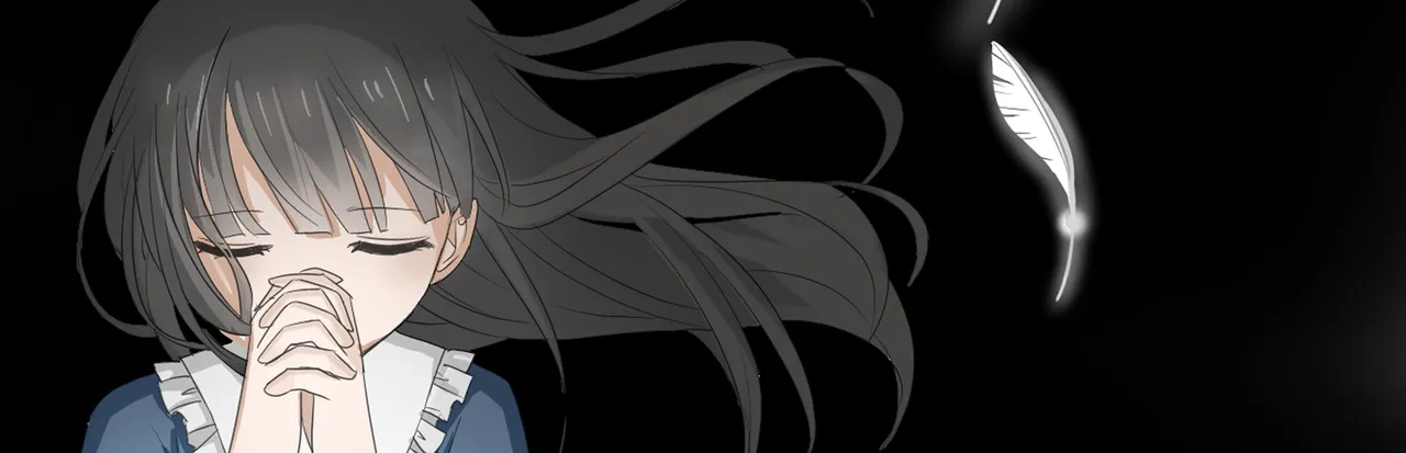 Feather Of Praying art: a black-haired girl in a blue and white dress with closed eyes and hands clasped in prayer, white feathers drifting