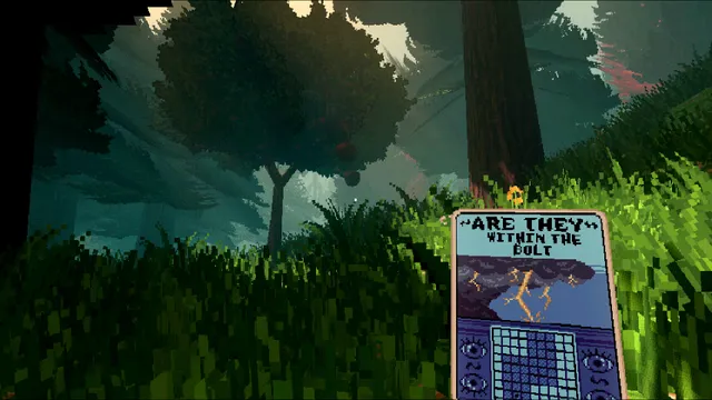 First-person view in a pixelated forest holding a card that asks Are they within the bolt