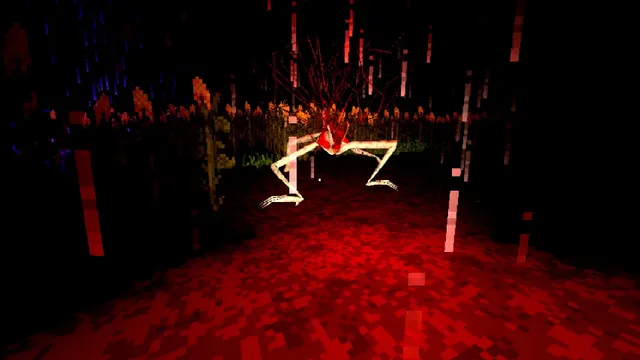 A pale long-legged creature with a bloody red mass for a head crouches on blood-red ground at night
