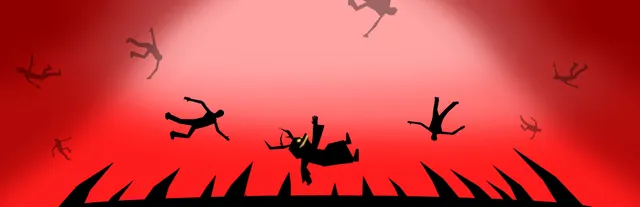 Feed The Pit art: black silhouettes of people falling against a red sky into a pit ringed with spikes