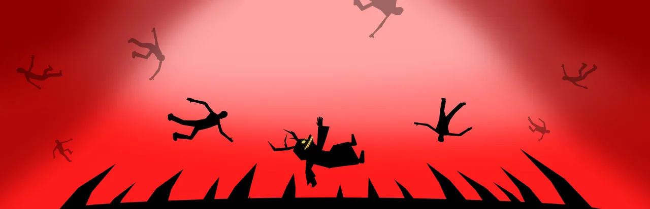 Feed The Pit art: black silhouettes of people falling against a red sky into a pit ringed with spikes