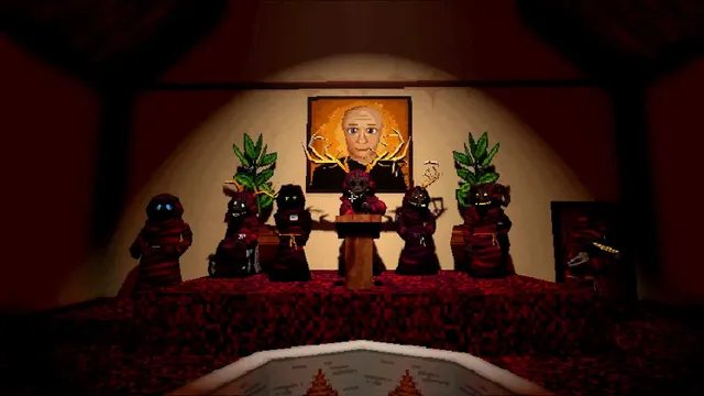 Robed cult members stand on a red stage beneath a gold-framed portrait of a bald man with antlers