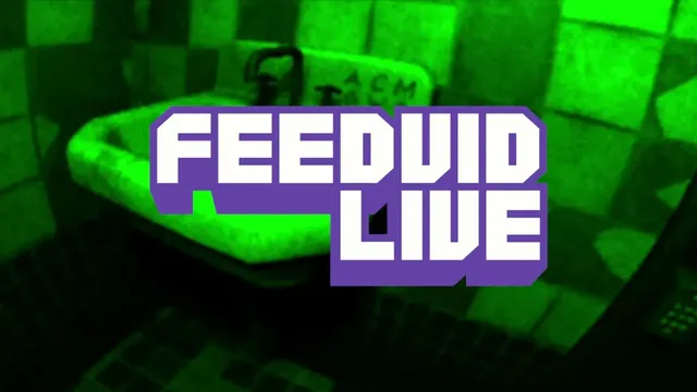 FeedVid Live title card: the game's purple logo over a green night-vision view of a dirty bathroom sink