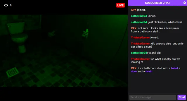 FeedVid Live screenshot: a dark bathroom stall with a toilet and drain on the stream while viewers ask what they are looking at