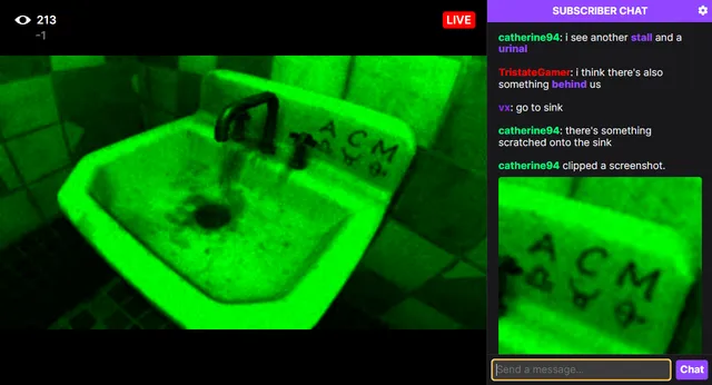 FeedVid Live screenshot: a night-vision livestream of a sink with letters scratched into it, beside a subscriber chat