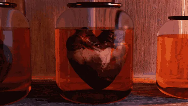 Glass jars of orange liquid on a shelf, the middle one holding a human heart