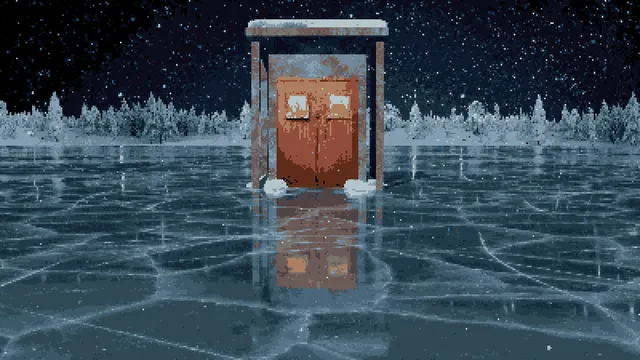 A lone wooden door in a frame standing on a cracked frozen lake under a starry sky