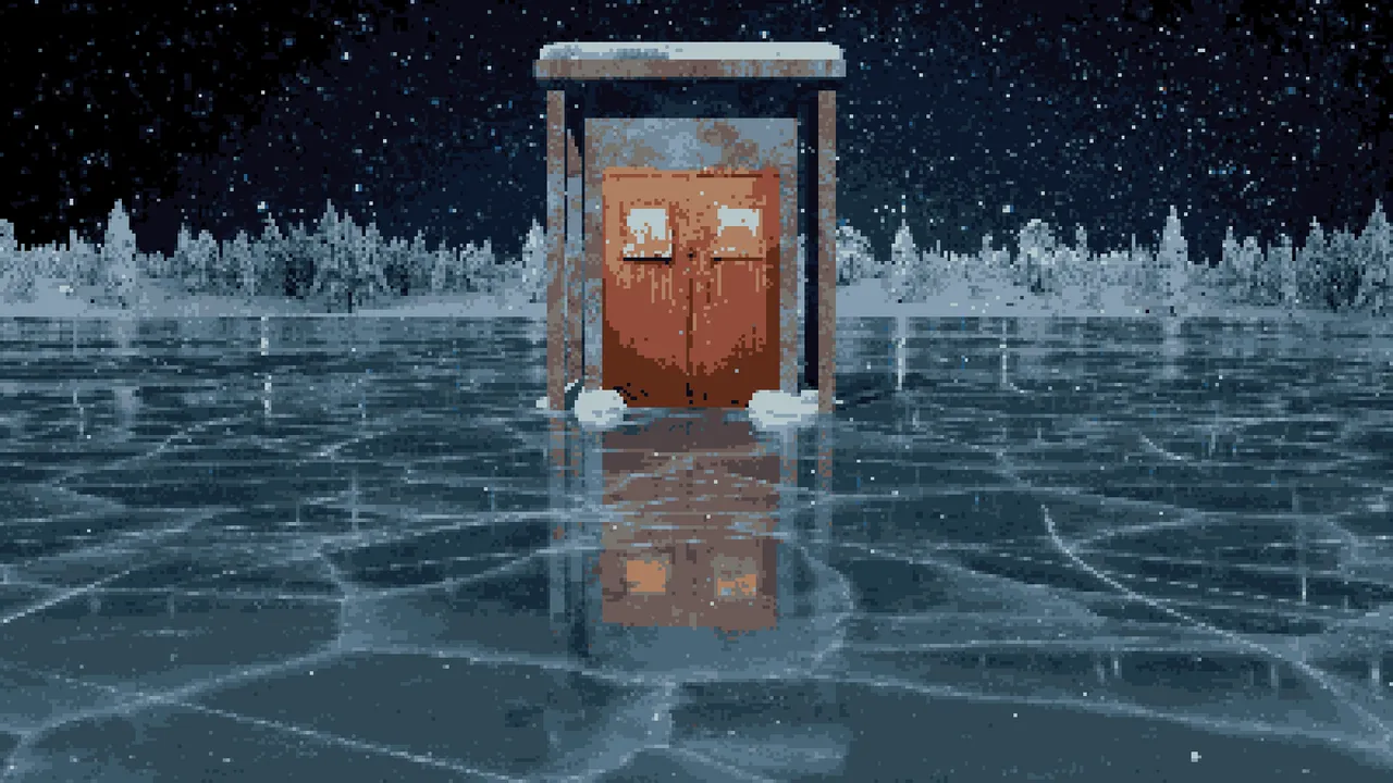 A lone wooden door in a frame standing on a cracked frozen lake under a starry sky