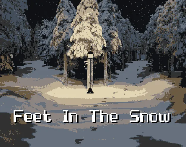 Feet In The Snow cover: a snowy path through pine trees lit by a single street lamp, with the title in pixel letters