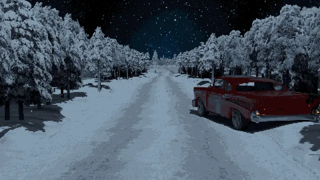 A snowy road between pine trees at night with an old red pickup truck parked at the side