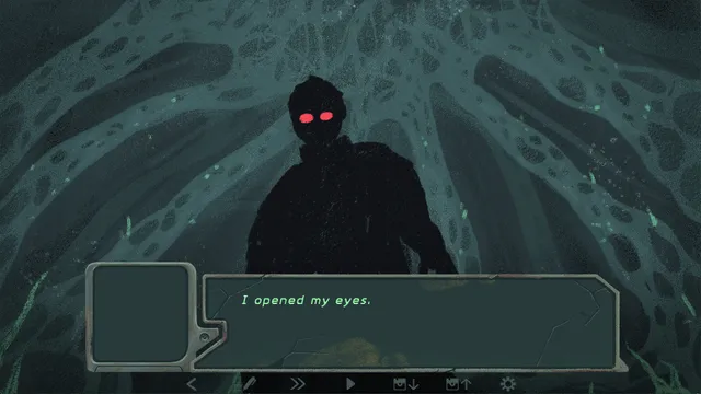 Fern Flower screenshot: a dark silhouette with red eyes under a mass of tangled roots, with the line I opened my eyes