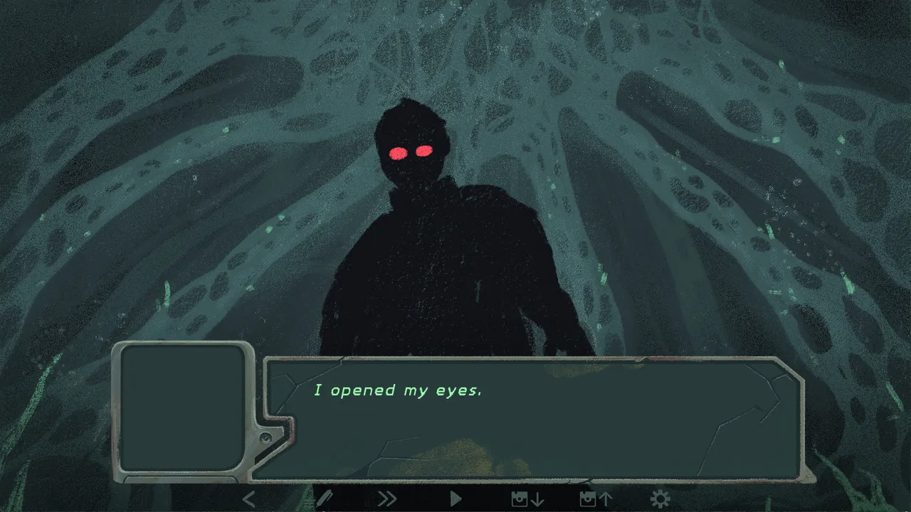 Fern Flower screenshot: a dark silhouette with red eyes under a mass of tangled roots, with the line I opened my eyes