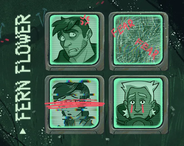 Fern Flower cover: four distressed character portraits on green screens, scratched and glitched, beside the title written sideways