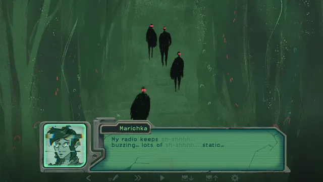Fern Flower screenshot: dark figures walking through a misty green forest, with a squad member saying the radio keeps buzzing with static