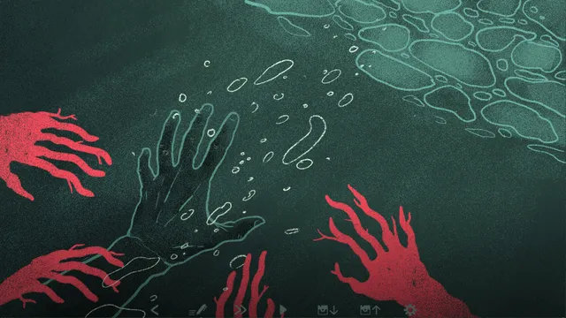 Fern Flower screenshot: a pale hand sinking in dark green water while red hands reach up from below