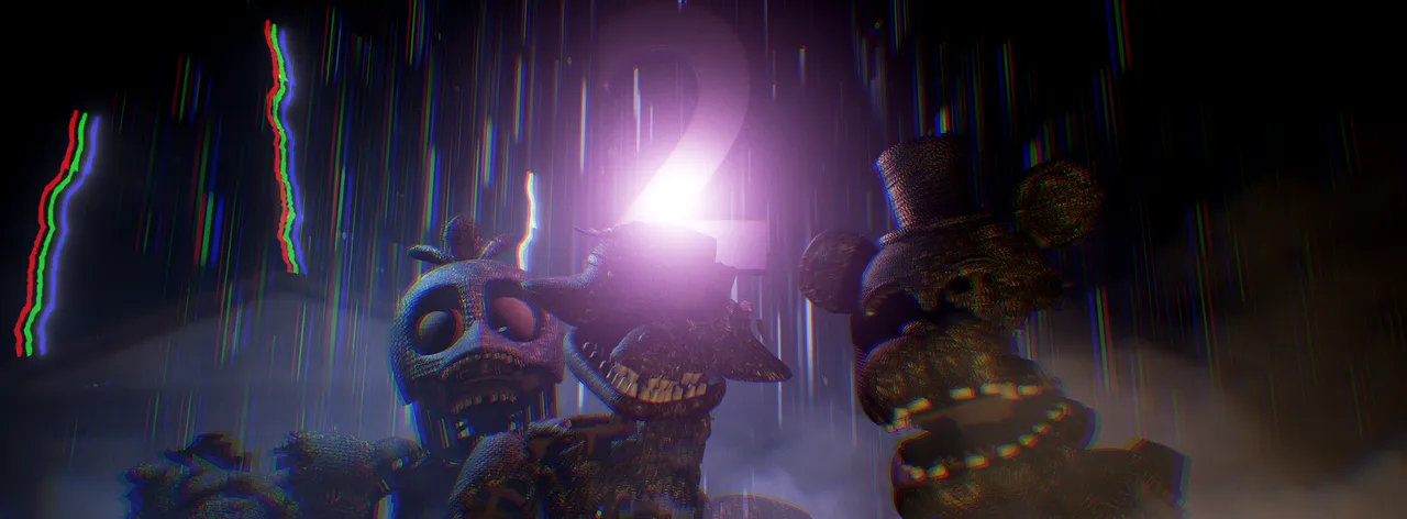 Final Nights 2 banner: burnt animatronic chicken and bear figures in the rain under a glowing 2