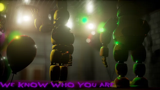 Golden and green animatronics on a lit stage with a balloon: We know who you are