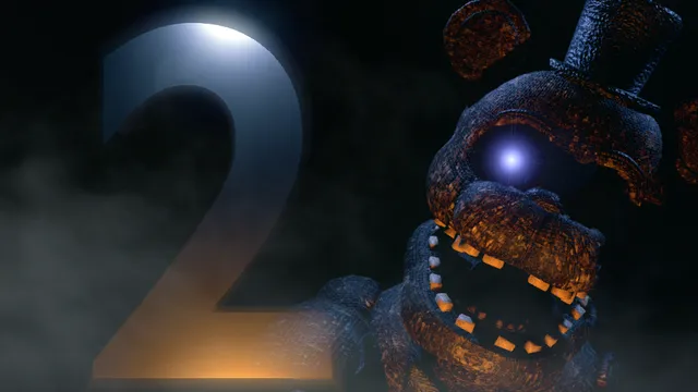 A charred bear animatronic with a top hat, one glowing eye and jagged teeth beside a large 2