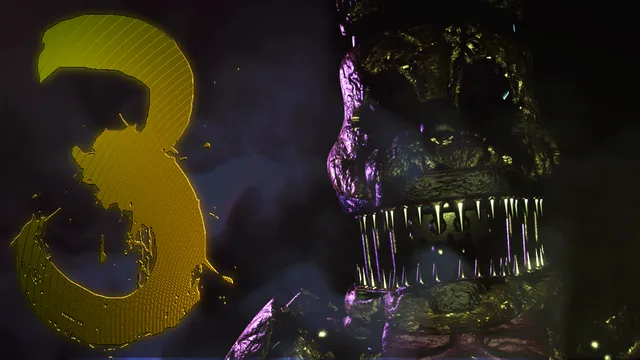 A rotted Fredbear with rows of teeth and purple shading beside a large yellow 3