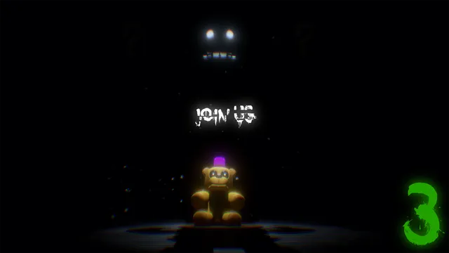 A small golden bear with a purple hat on a dark stage under glowing eyes and the words Join us