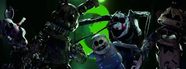 Final Nights 3 banner: nightmare animatronics, a rotted rabbit, a pale torn rabbit, a grinning puppet-like figure and a white bear, around a green 3