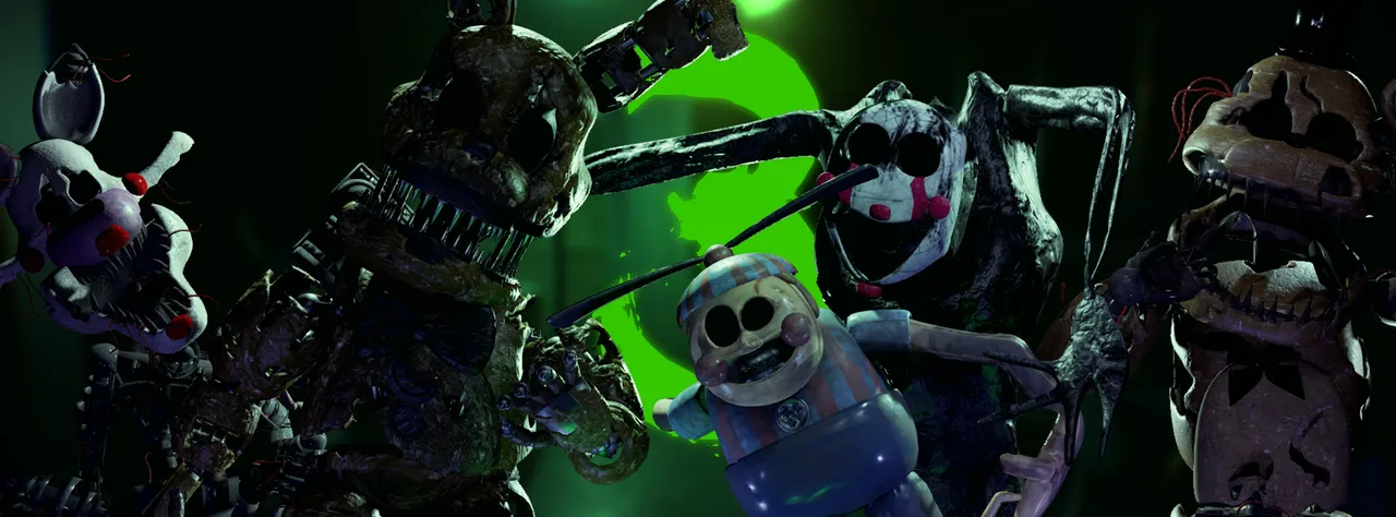 Final Nights 3 banner: nightmare animatronics, a rotted rabbit, a pale torn rabbit, a grinning puppet-like figure and a white bear, around a green 3