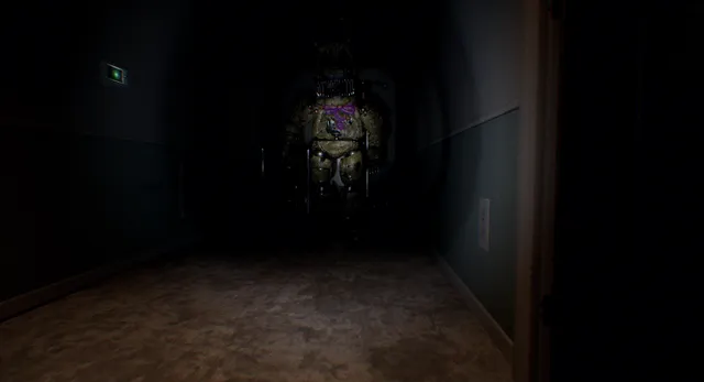 A dark hospital corridor with a hulking rotted animatronic at the far end