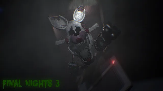 A pale broken rabbit animatronic lit by a flashlight in fog