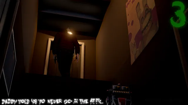 A dark figure at the top of a narrow attic stair: Daddy told us to never go in the attic