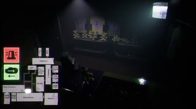 Final Nights 4 screenshot: a camera view of a dim gift shop with plush bears on shelves, beside the camera map of the diner