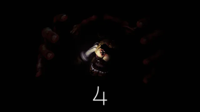 Final Nights 4 teaser: a battered Fredbear head held in two scarred hands in the dark, with a glowing 4