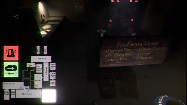 Final Nights 4 screenshot: a camera on a dark kitchen with a hand-written Fredbears Menu board, beside the camera map