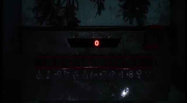 Final Nights 4 screenshot: a coded puzzle panel with a red counter and rows of symbols in an overgrown room