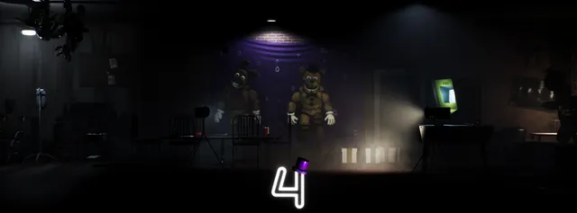 Final Nights 4 banner: Fredbear and Spring Bonnie standing on a purple-curtained stage in a dark diner, stage lights and a glowing 4 in a top hat below